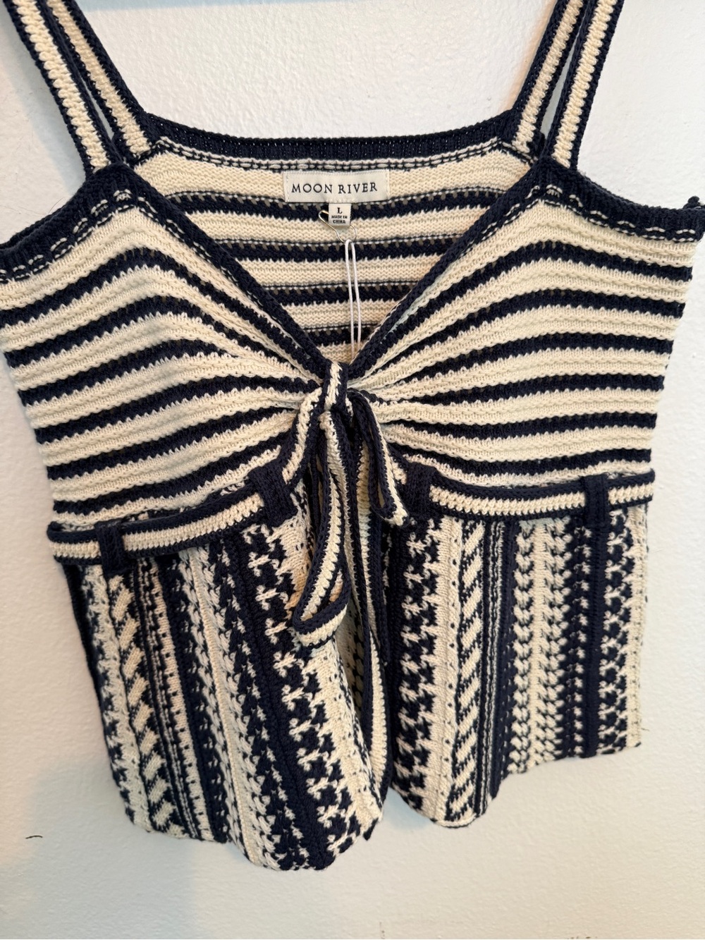 Tuckernuck Navy and Cream Striped Knit Tie-Front Crop Tank